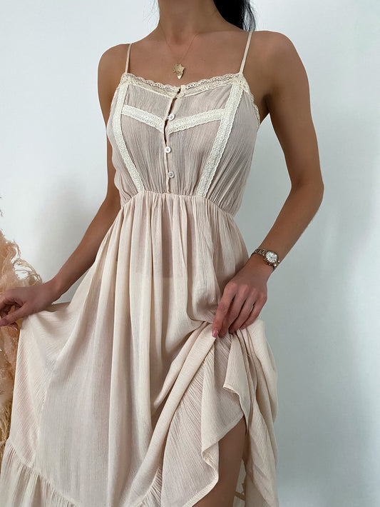Contrast Eyelet Embroidered Panel Slip Pajama Nightdress Flowy Dress Beige