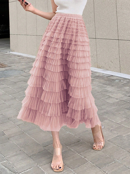 DAZY Solid Layer Ruffle Hem Mesh Skirt Valentine Valentine's Day Pink