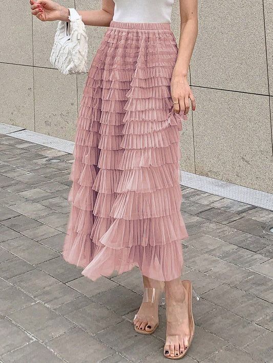 DAZY Solid Layer Ruffle Hem Mesh Skirt Valentine Valentine's Day Pink