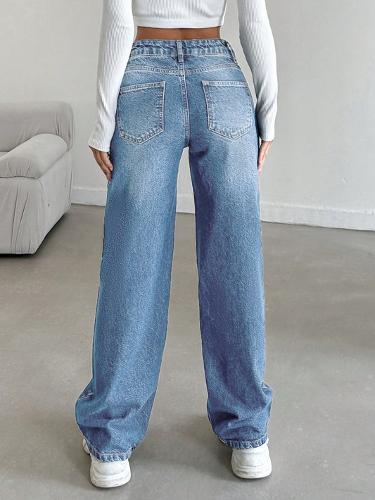 100%Cotton Women Straight-Leg Casual Jeans With Pockets And Loose Fit Blue