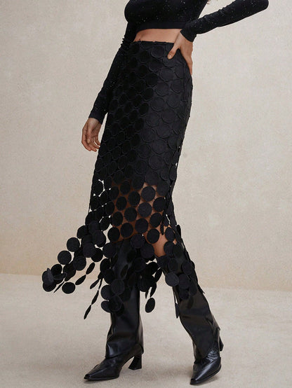 Anewsta Laser Cut Multi Circle Double Layered Skirt Maxi Women Outfit Black