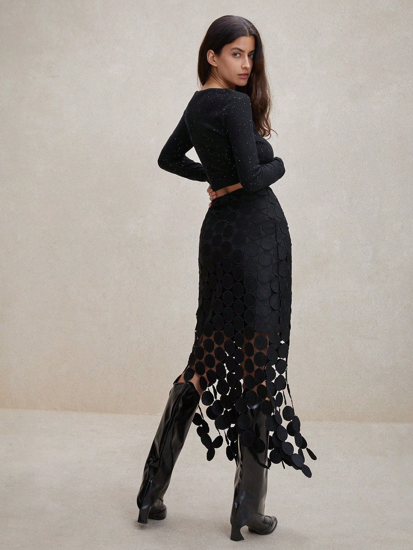 Anewsta Laser Cut Multi Circle Double Layered Skirt Maxi Women Outfit Black