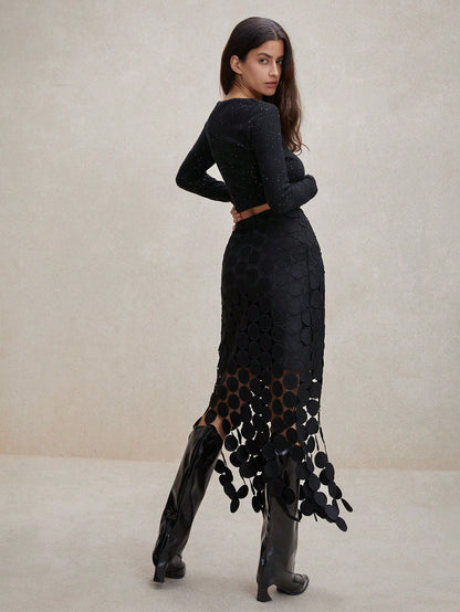 Anewsta Laser Cut Multi Circle Double Layered Skirt Maxi Women Outfit Black