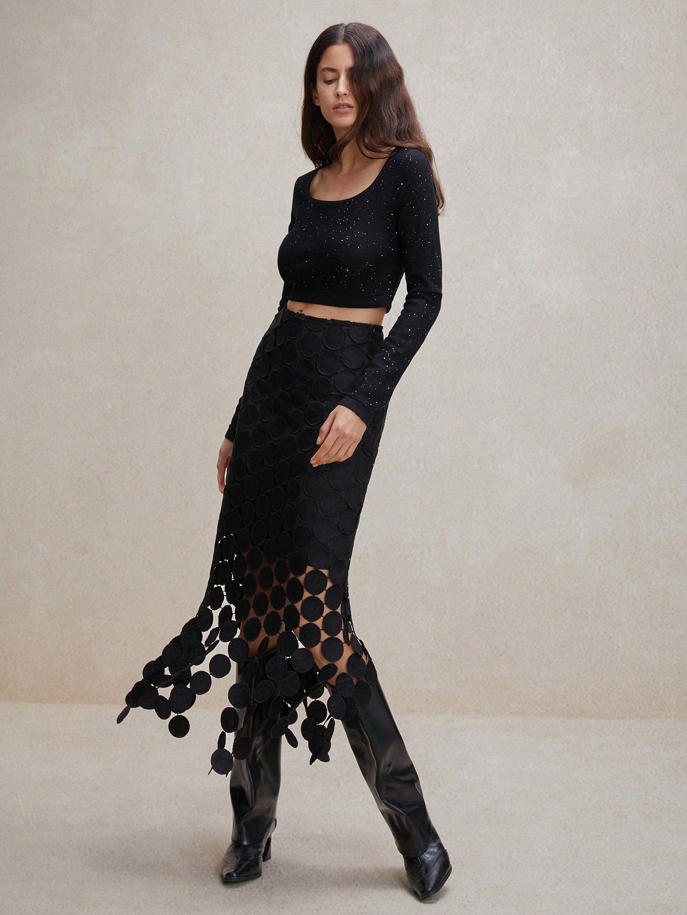 Anewsta Laser Cut Multi Circle Double Layered Skirt Maxi Women Outfit Black