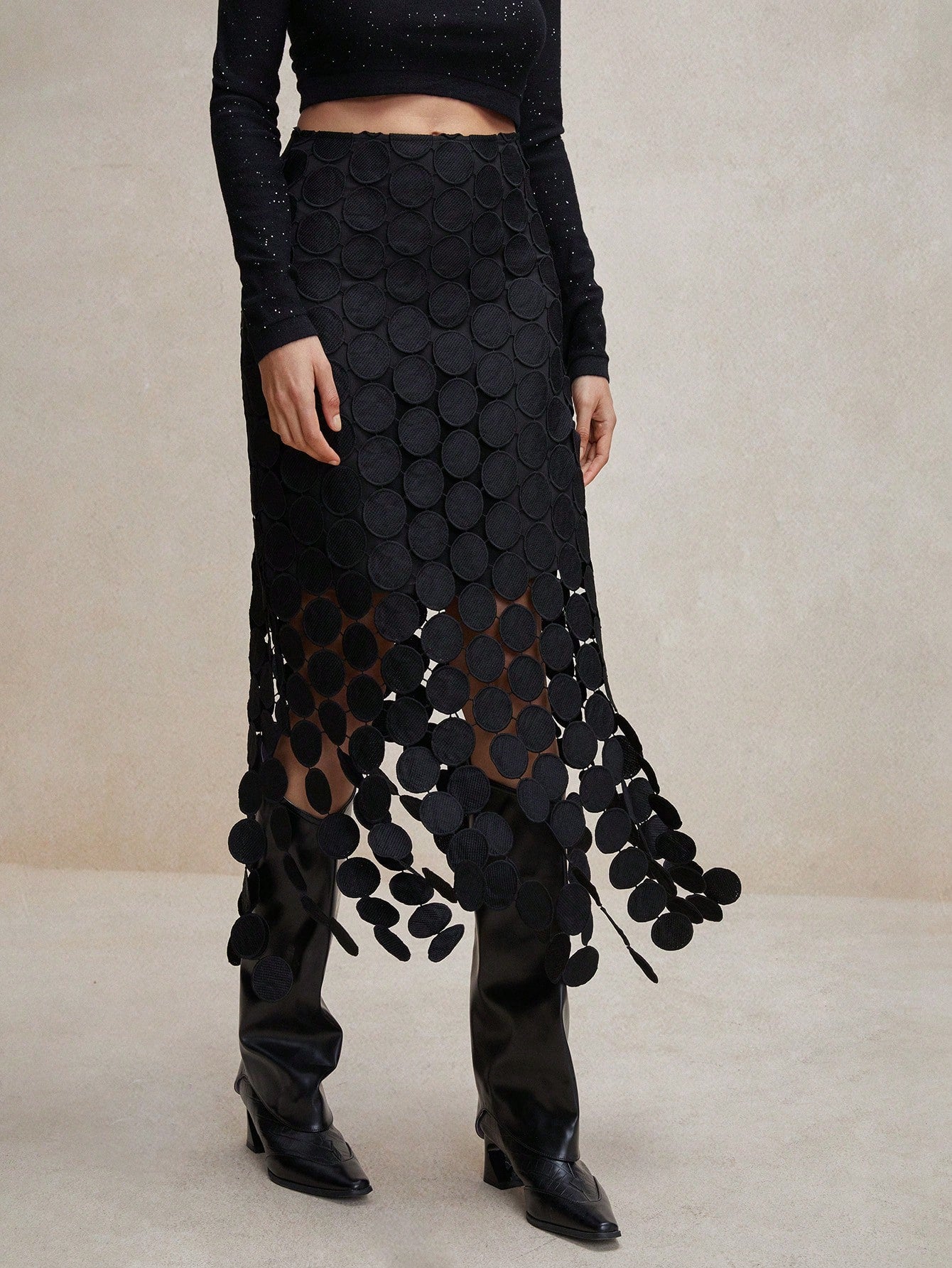 Anewsta Laser Cut Multi Circle Double Layered Skirt Maxi Women Outfit Black