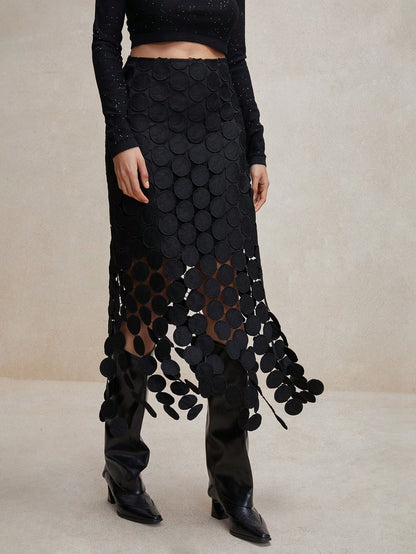 Anewsta Laser Cut Multi Circle Double Layered Skirt Maxi Women Outfit Black