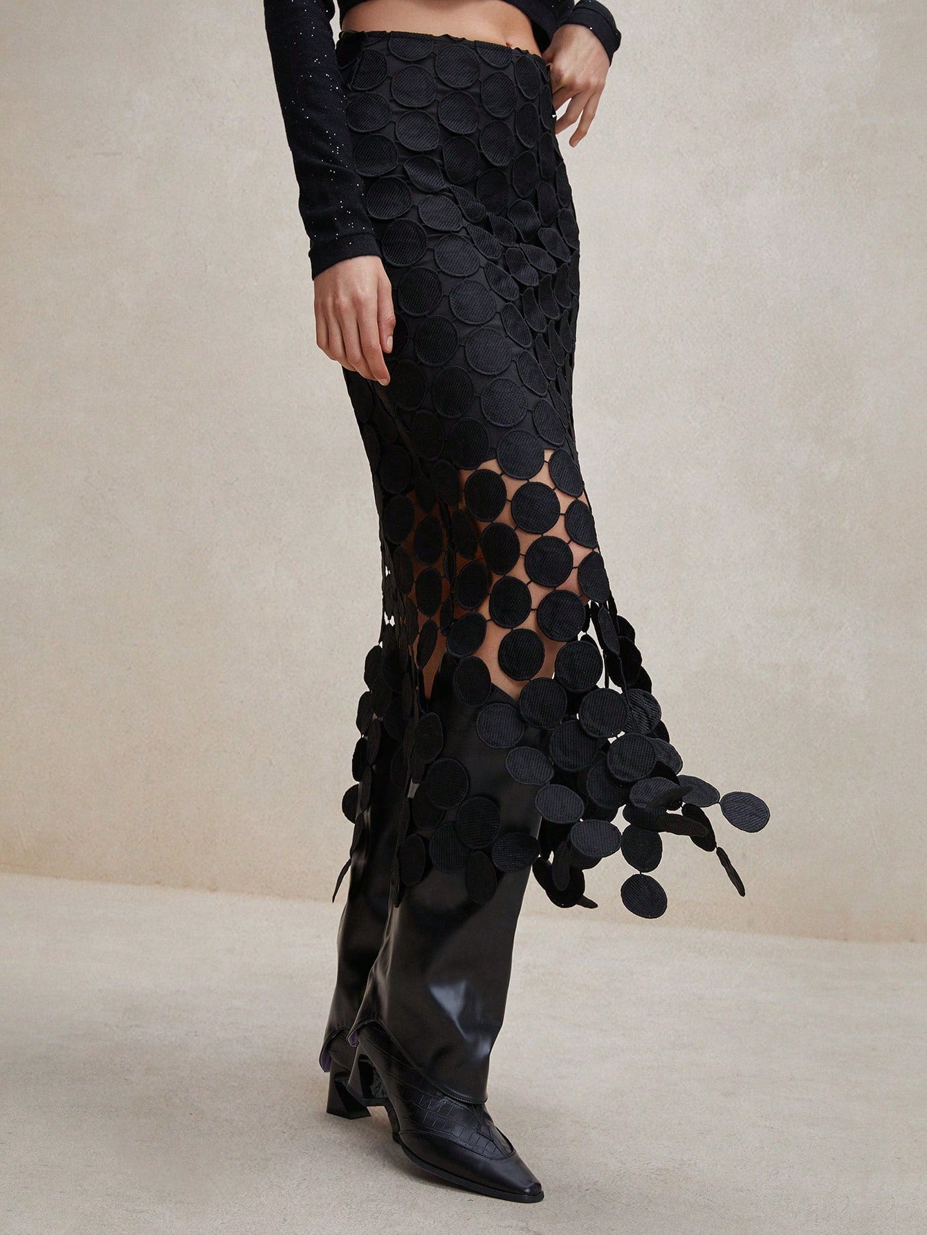 Anewsta Laser Cut Multi Circle Double Layered Skirt Maxi Women Outfit Black