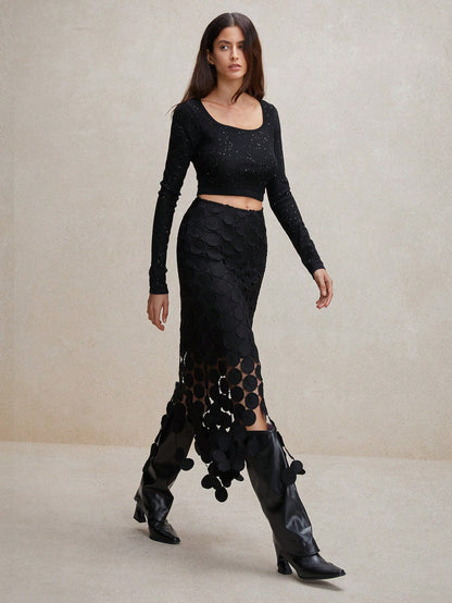 Anewsta Laser Cut Multi Circle Double Layered Skirt Maxi Women Outfit Black