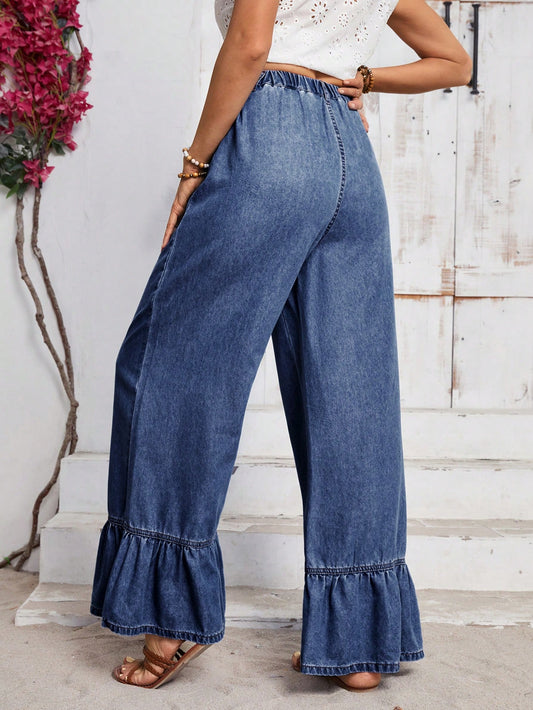 EMERY ROSE Women's Pocket Decor Ruffle Hem Wide Leg Loose Casual Jeans Dark Wash