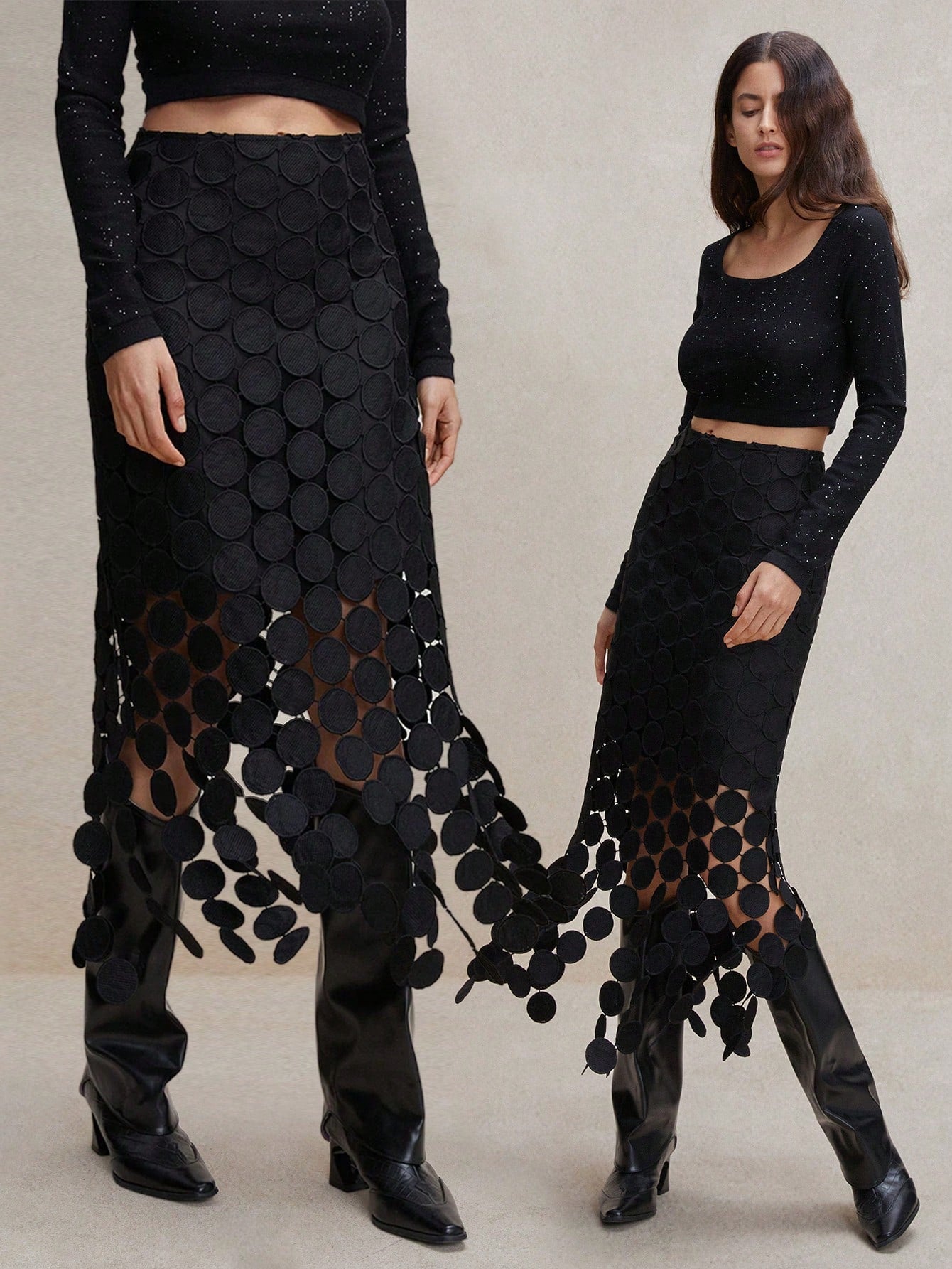 Anewsta Laser Cut Multi Circle Double Layered Skirt Maxi Women Outfit Black