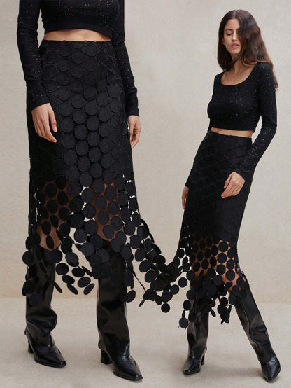 Anewsta Laser Cut Multi Circle Double Layered Skirt Maxi Women Outfit Black