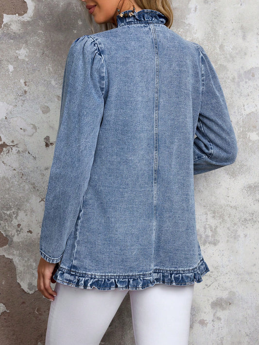 EMERY ROSE Women's Solid Color Double-Breasted Ruffled Hem Casual Long Sleeve Denim Jacket & Coat  Thickened Denim Blue