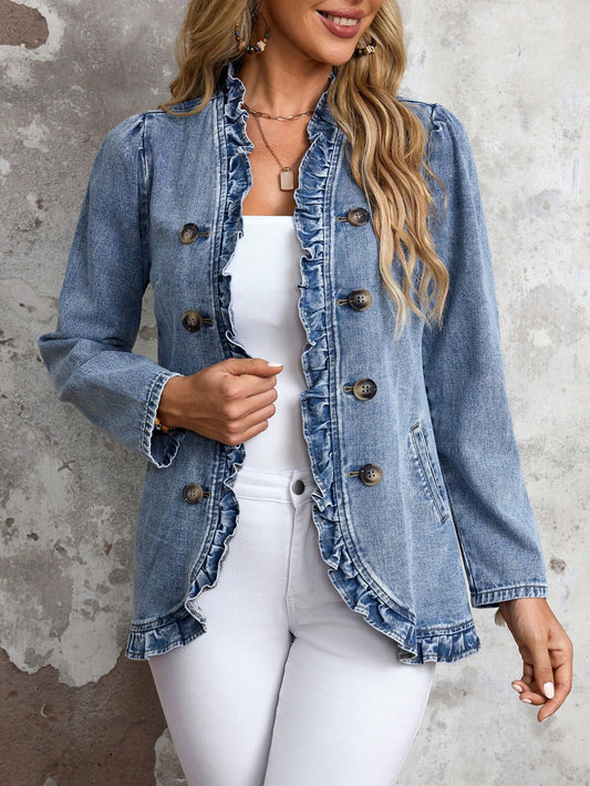 EMERY ROSE Women's Solid Color Double-Breasted Ruffled Hem Casual Long Sleeve Denim Jacket & Coat  Thickened Denim Blue