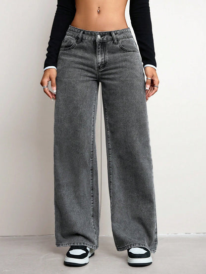 Jeanoix Women's Solid Color Minimalist Casual Denim Jeans Grey