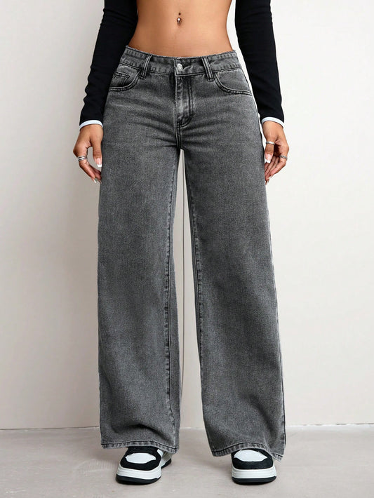 Jeanoix Women's Solid Color Minimalist Casual Denim Jeans Grey