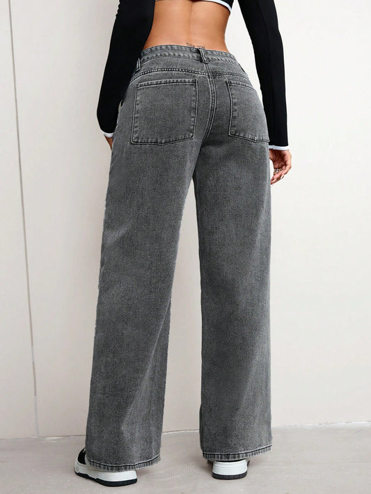 Jeanoix Women's Solid Color Minimalist Casual Denim Jeans Grey
