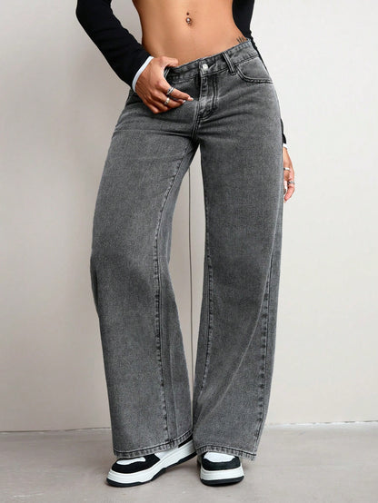 Jeanoix Women's Solid Color Minimalist Casual Denim Jeans Grey